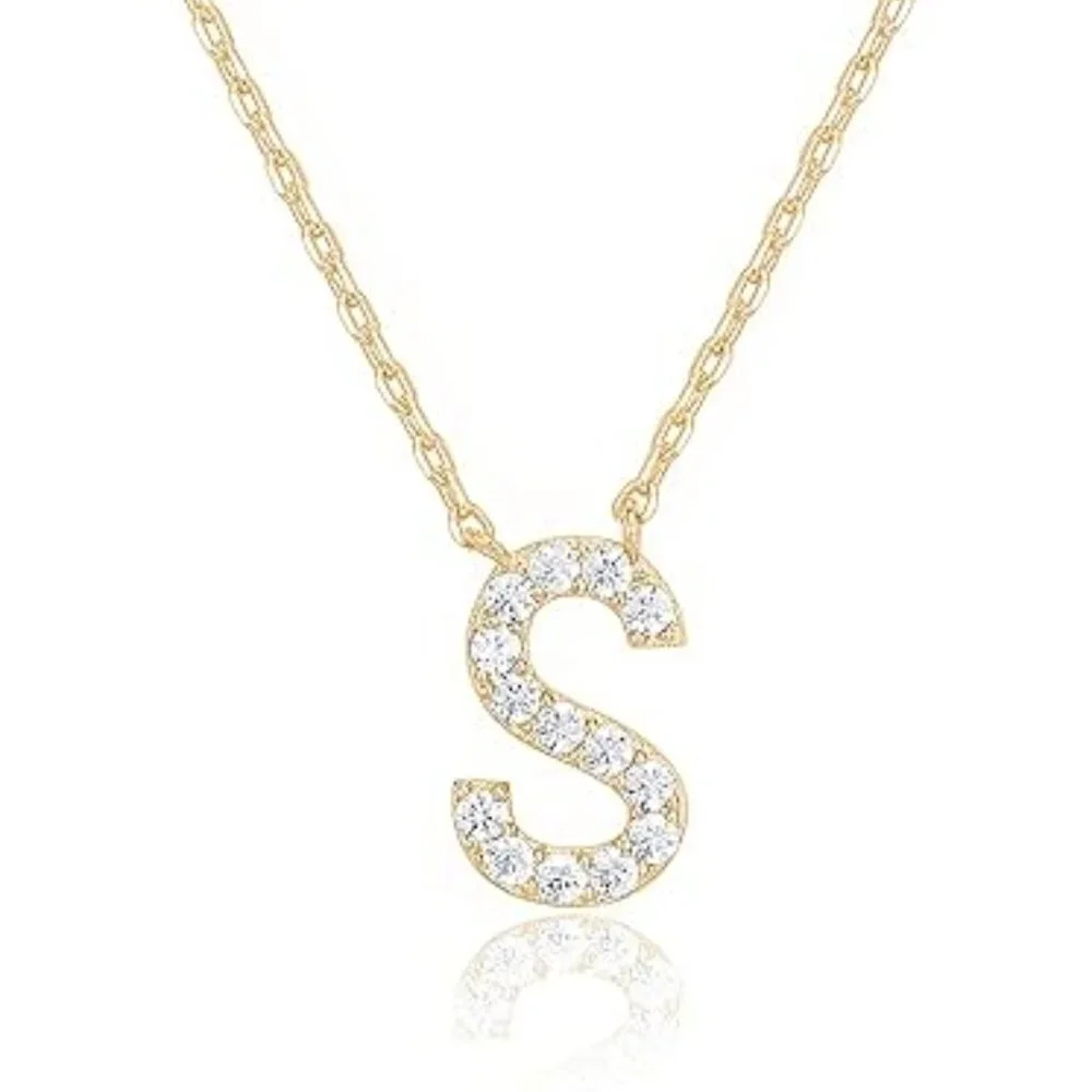 14K Yellow Gold Initial Necklace Letter Dainty Diamond Gift Present P - Z